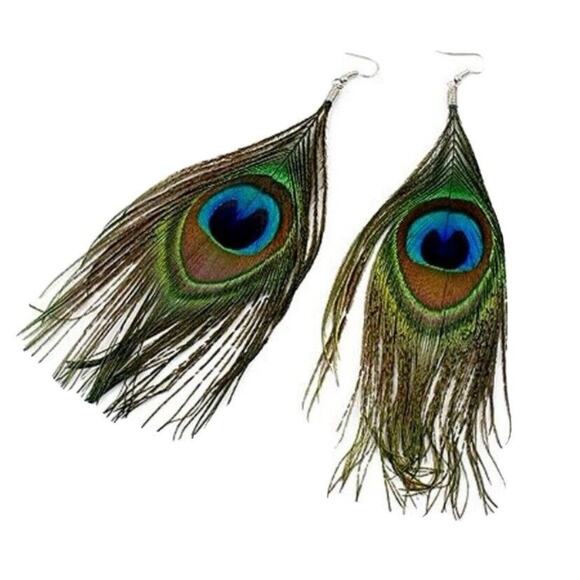 Whimsical Natural Delicate Boho Peacock Feather Dangle Drop Hook Earrings A0105 - Picture 9 of 12